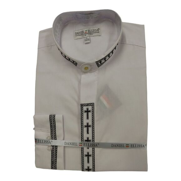 MEN'S DANIEL ELLISSA WHITE W/BLACK EMBROIDERY BANDED COLLAR DRESS SHIRT. DS2005C - Picture 1 of 4